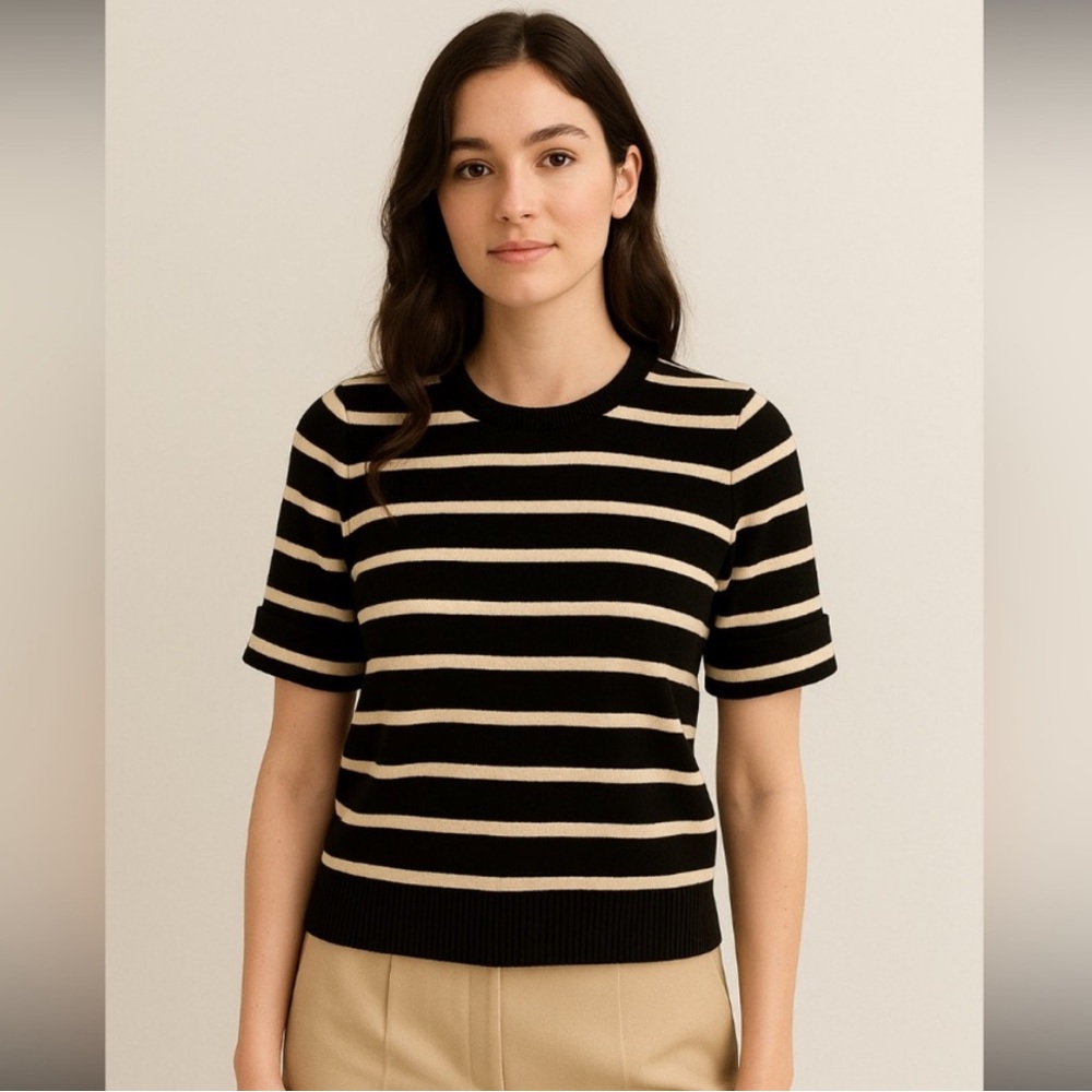 Madewell Black and Cream Striped Short Sleeve Tee